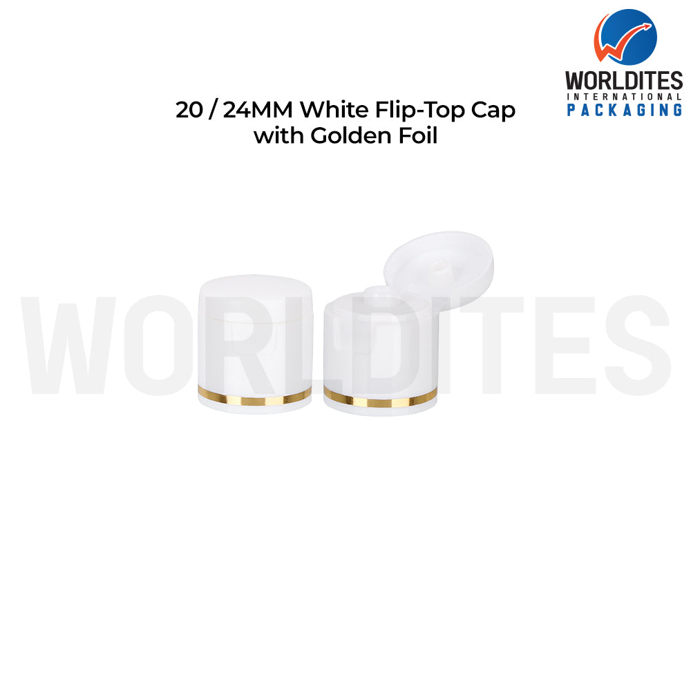 24mm White Golden Foil Flip Top Cap for Cosmetic Bottles | Plastic Bottle Closure