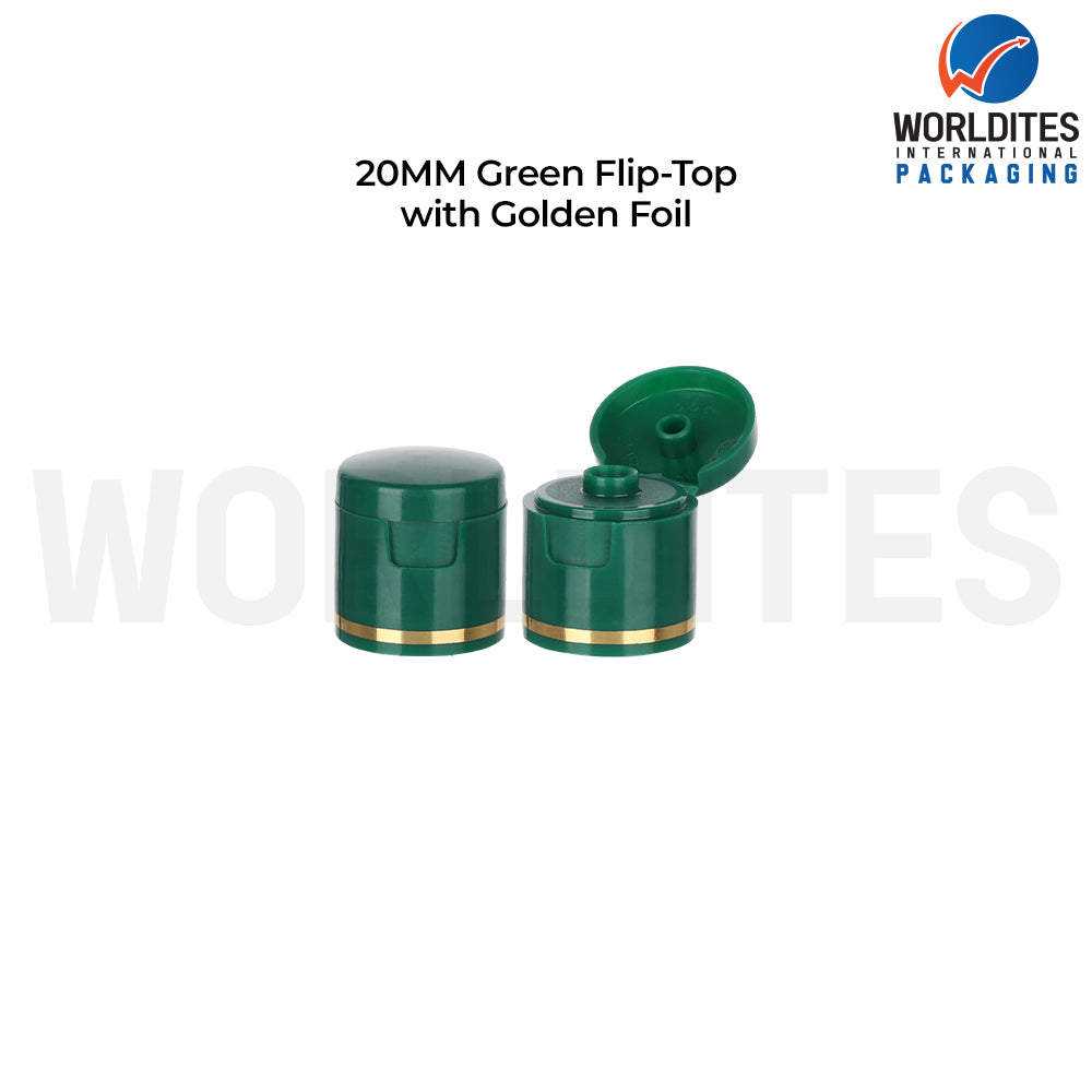 Green Golden Foil Flip Top Cap for Cosmetic Bottles | Plastic Bottle Closure