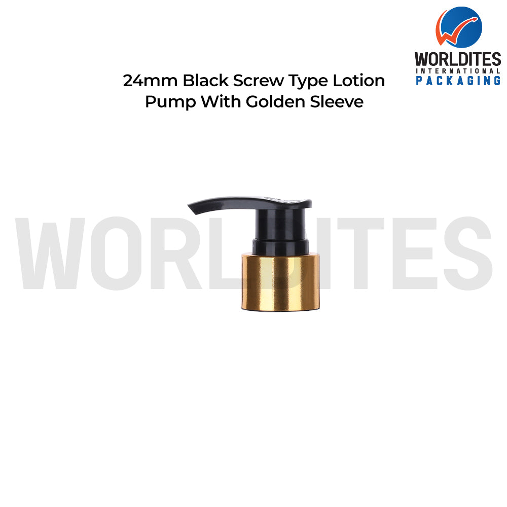 24MM Black Screw Type Lotion Pump With Golden Sleeve Dispenser – for Cosmetic, Skincare & Personal Care Bottles