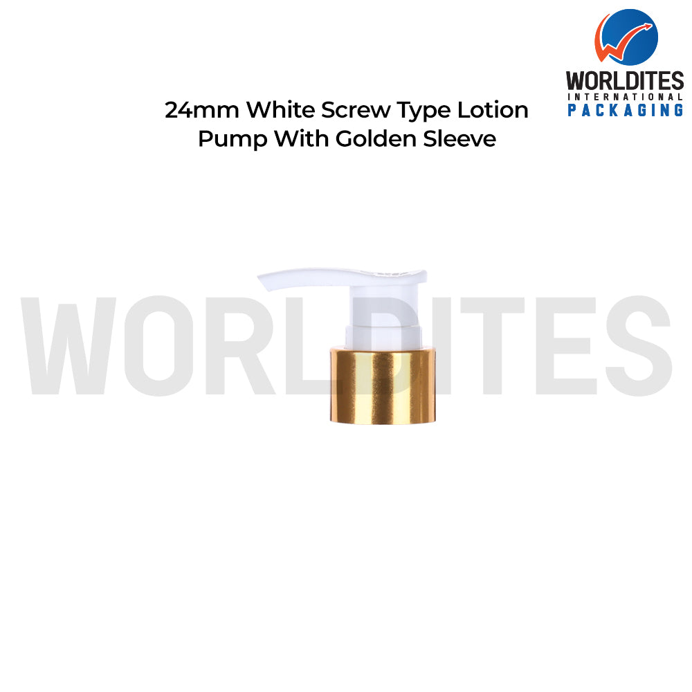 24MM White Screw Type Lotion Pump With Golden Sleeve for Cosmetic, Skincare & Personal Care Bottles