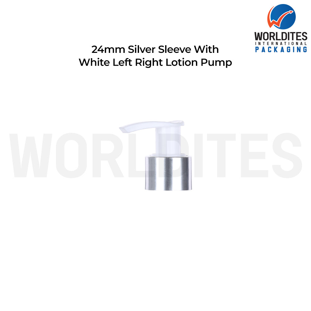 24MM Silver Sleeve With White Left Right Lotion Pump Dispenser | Cosmetic & Skincare Pump