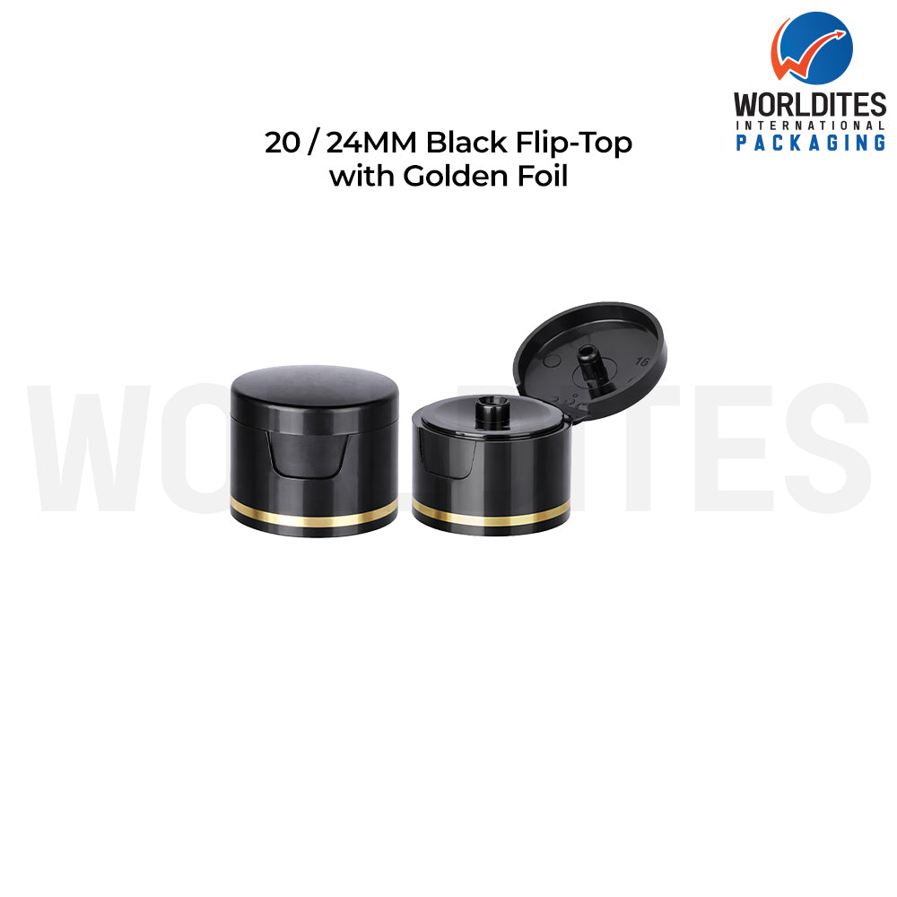 Black Golden Foil Flip Top Cap for Cosmetic Bottles | Plastic Bottle Closure