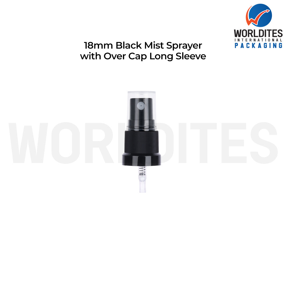 18MM Black Mist Sprayer Pump With Over Cap Long Sleeve for Cosmetic Bottles | Fine Mist Spray