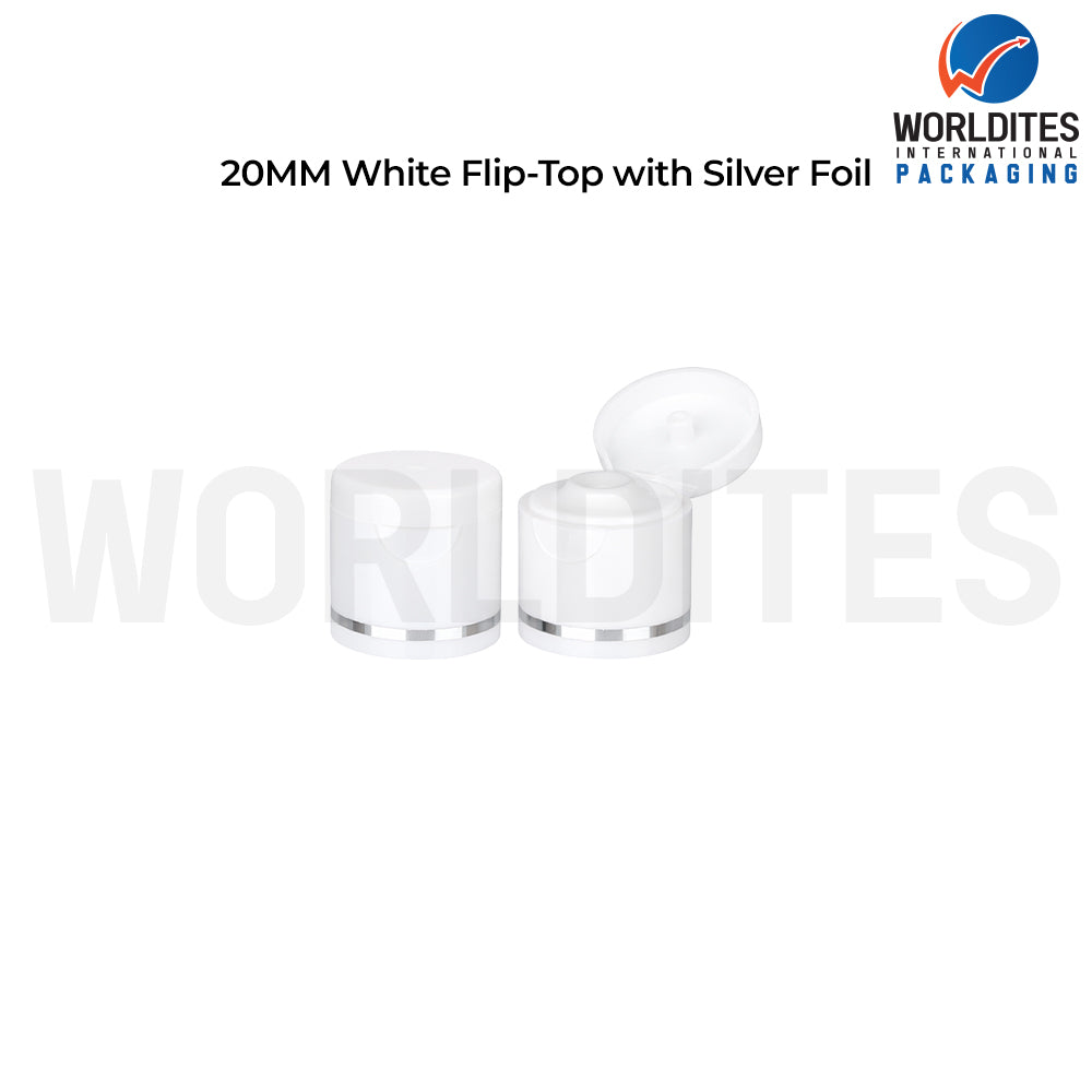 20mm White Silver Foil Flip Top Cap for Cosmetic Bottles | Plastic Bottle Closure